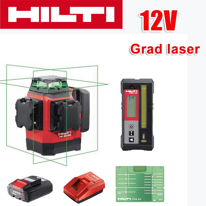 8řádkový zelený laserový nivelační přístroj (nivelační přístroj Hilti, nabíječka, baterie, dálkové ovládání, laserový terč, pěnový sáček), 12V lithiová baterie, 12 hodin nepřetržitého provozu, jasná viditelnost 60 metrů na slunci