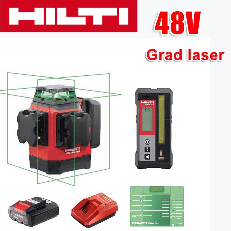 16řádkový zelený laserový nivelační přístroj (nivelační přístroj Hilti, nabíječka, baterie, dálkové ovládání, laserový terč, pěnové pouzdro), 48V lithiová baterie, 36 hodin nepřetržitého provozu, jasná viditelnost na 120 metrů na slunci