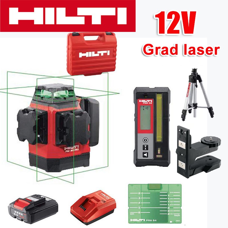 8řádkový zelený laserový nivelační přístroj (nivelační přístroj Hilti, nabíječka, baterie, dálkové ovládání, laserový terč, držák*2, plastová krabička), 12V lithiová baterie, 12 hodin nepřetržitého provozu, jasně viditelný na 60 metrů na slunci