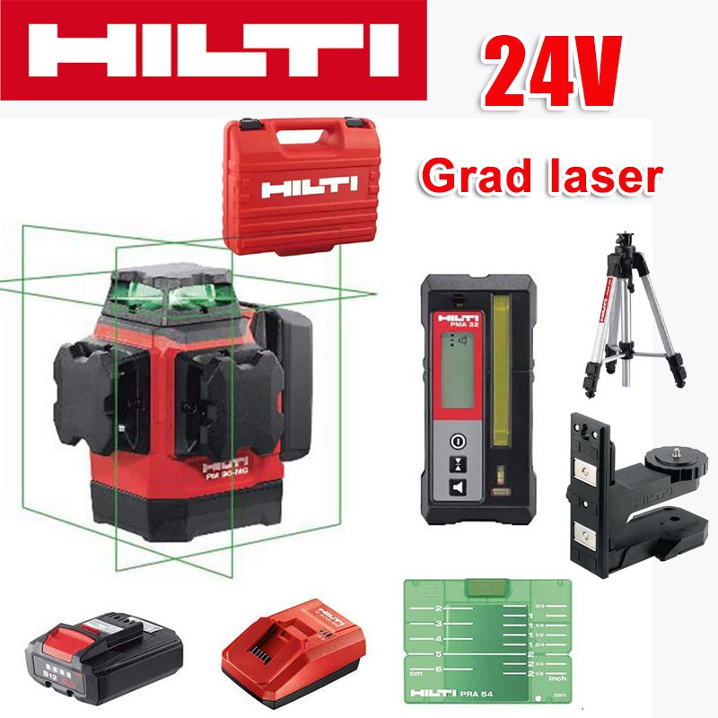 12řádkový zelený laserový nivelační přístroj (nivelační přístroj Hilti, nabíječka, baterie, dálkové ovládání, laserový terč, držák*2, plastová krabička), 24V lithiová baterie, 24 hodin nepřetržitého provozu, jasně viditelný na 90 metrů na slunci